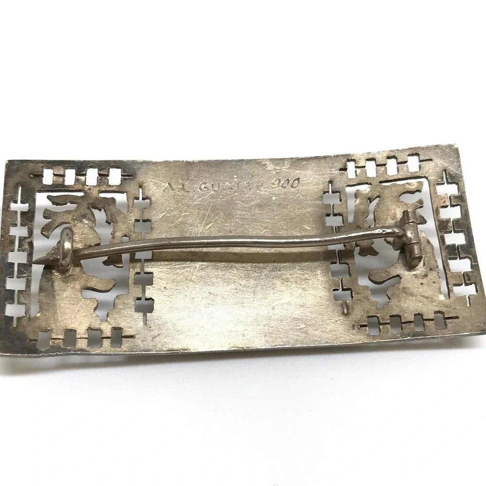 Vintage A.L. Guate Signed 900 Silver Unique Detailed Bar Shaped Brooch Pin
